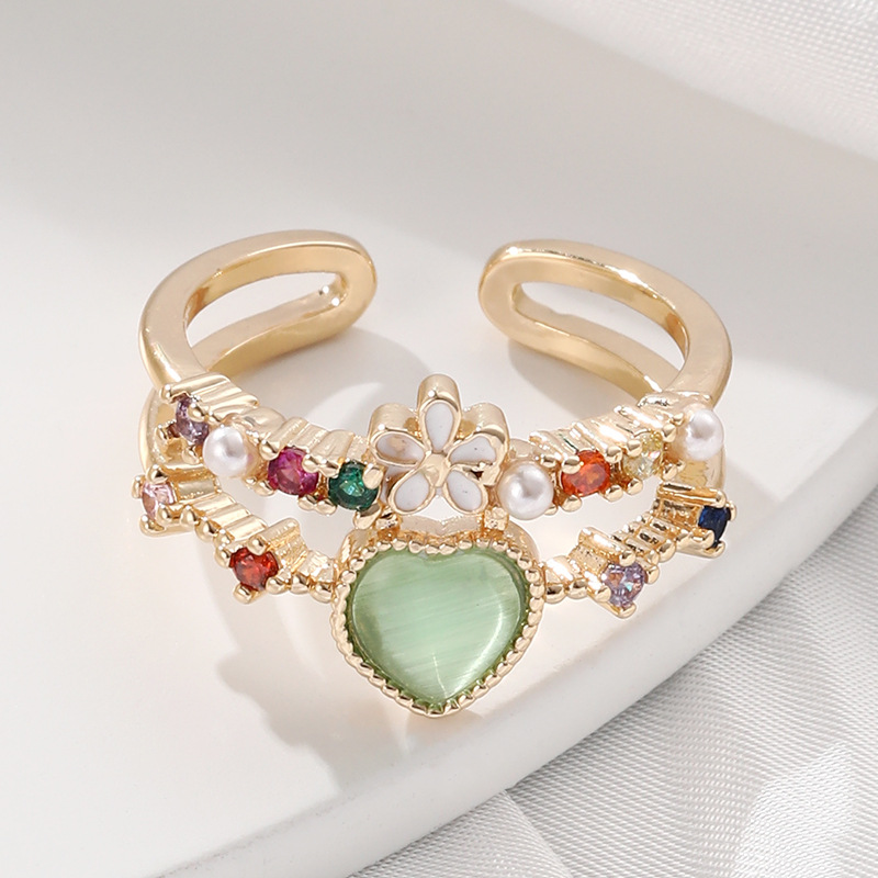 Women'S Gender Fashion Heart Shape Flower Copper Enamel Plating Inlay Artificial Pearls Zircon Open Ring 1 Piece