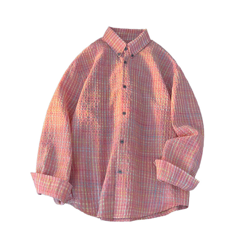 Bubble Gauze Plaid Long Sleeve Men's Spring And Autumn Trendy American Retro Shirt Fashionable Versatile Turn-down_voghion.com