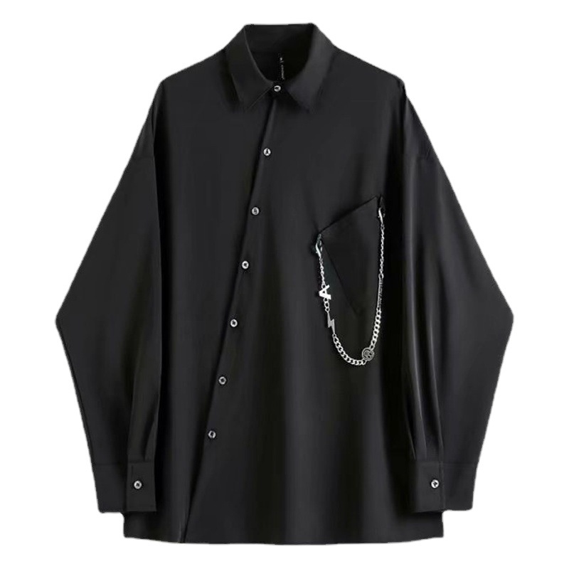 Hong Kong estilo retro tapeta oblicua camisa de manga larga diseño asimétrico flojo irregular cadena hip hop camisa ropa de los hombres