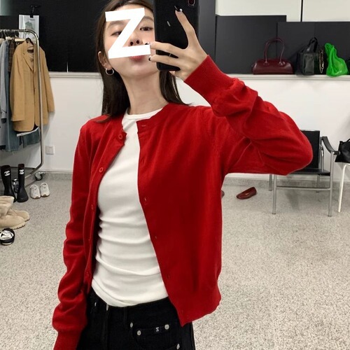 Women's Red Knit Sweater Jacket with Embroidery on Shoulders, Thin Version for Spring and Autumn, Suitable for Layering