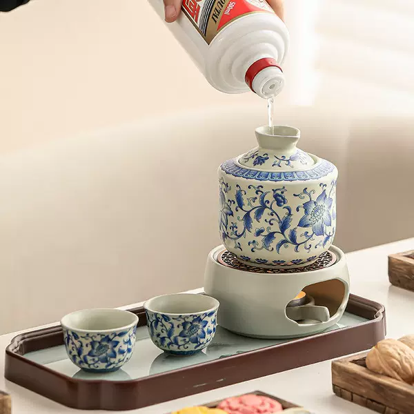 Blue and White Ru Kiln Ceramic Wine Warmer, Household Wine Heating Pot, Yellow Wine, White Wine, Sake Cup, Wine Set