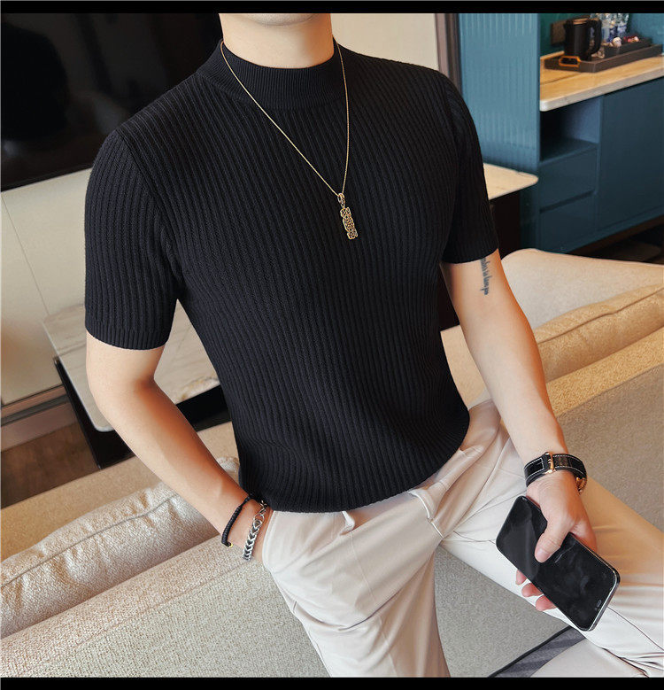 Herren Schwarz Hochgeschlossener Kurzarm Strickpullover Slim Fit_voghion.com