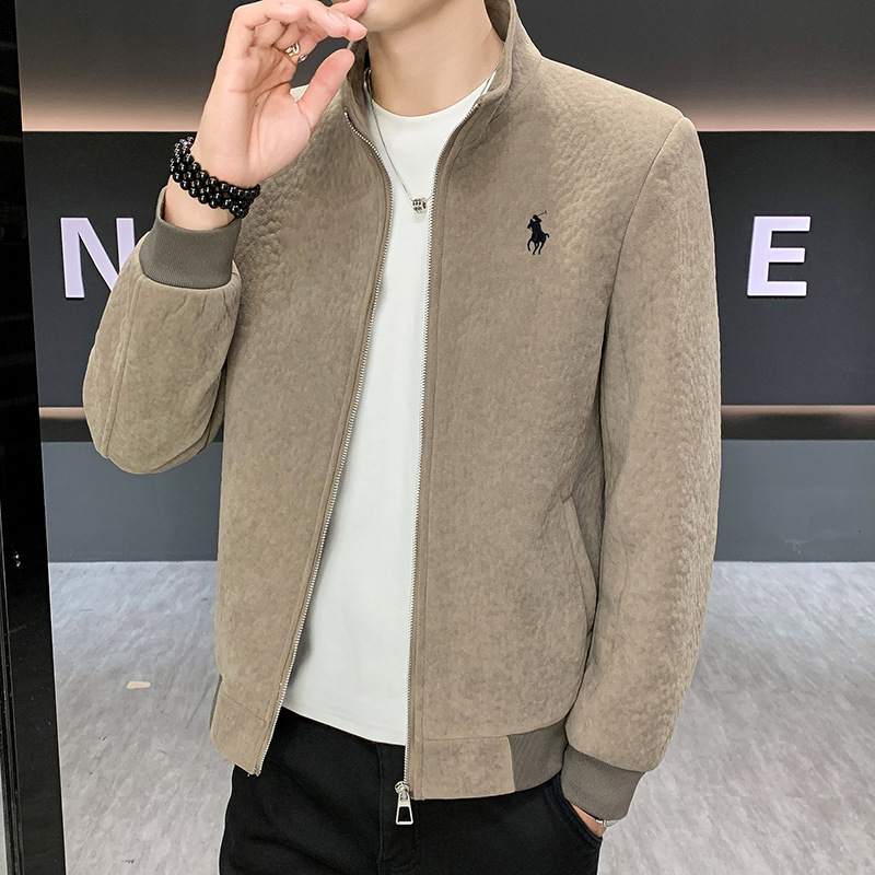 2025 Autumn and Winter New Stand Collar Jacket Men's Thin Jacket Youth Business Embroidered Polo Casual Loose Top