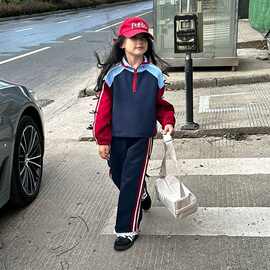 女童运动套装春秋款2025新款立体蝴蝶结中大童拼色卫衣卫裤两件套