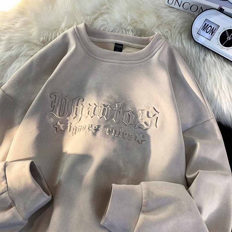 Suede estilo americano de manga larga pesada camiseta de los hombres de la marca de moda de otoño suelta camiseta superior primavera y otoño suéter