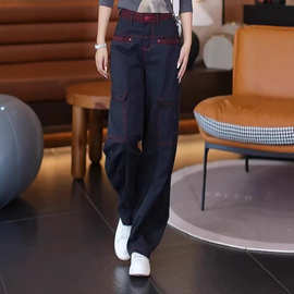 撞色工装牛仔阔腿裤2025秋冬季新款高腰显瘦宽松加绒拖地直筒裤潮