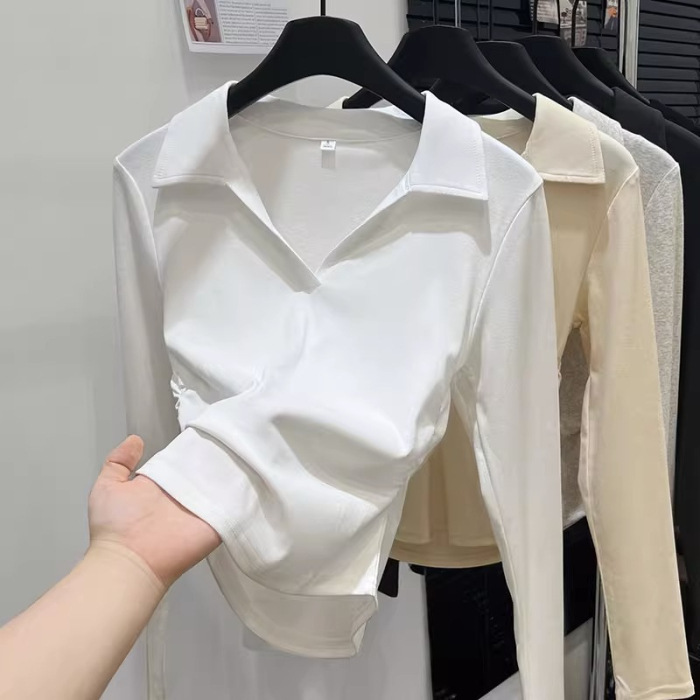2025早秋正肩polo领长袖t恤衫女设计感褶皱收腰显瘦百搭打底上衣|undefined