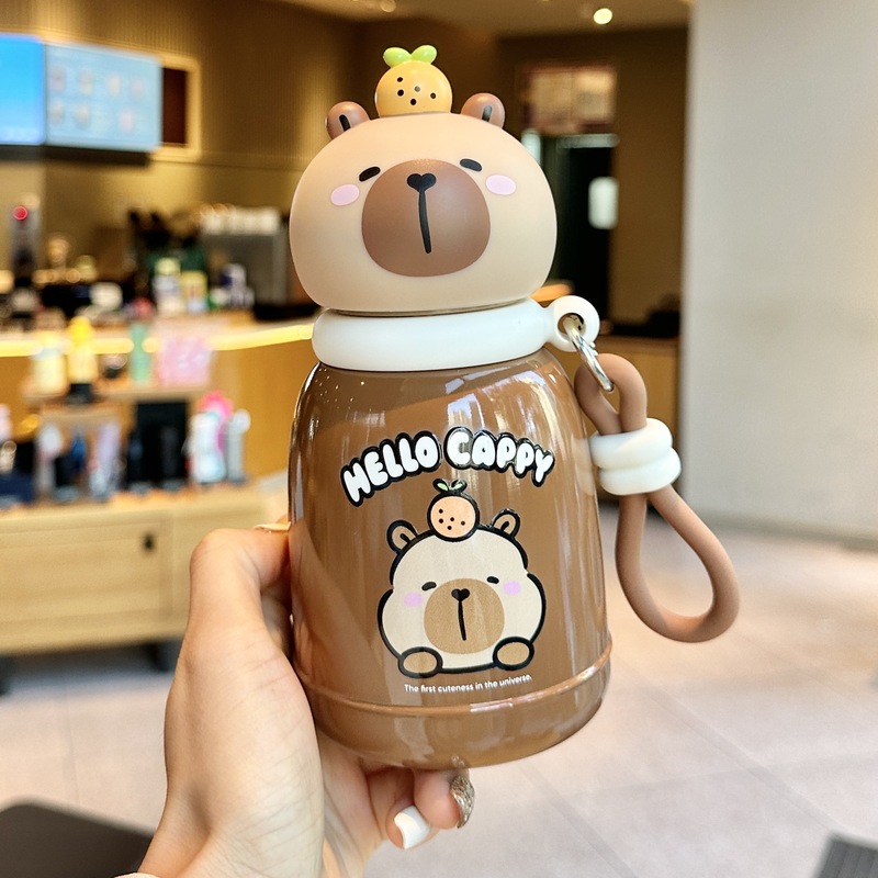 卡皮巴拉保温杯可爱儿童吸管杯上学专用316不锈钢防摔斜跨大肚杯|undefined