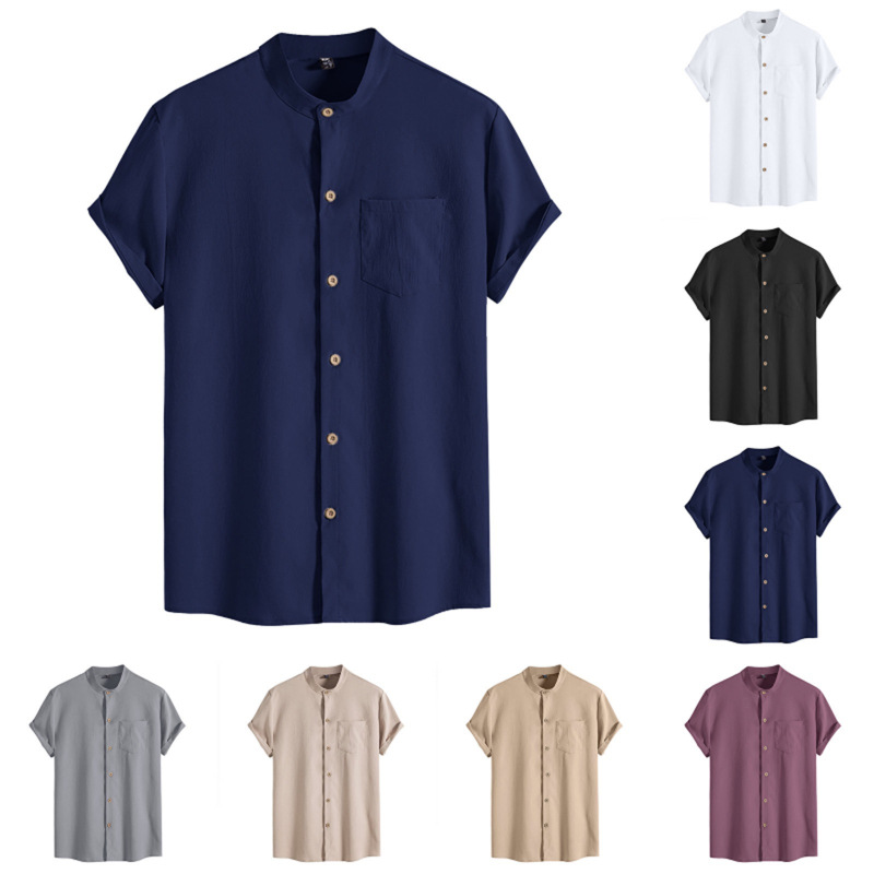 Cross-Border Foreign Trade Summer New Men's Casual Tops Stand-Up Collar Cardigan Solid Color Cotton and Linen Men's Short-Sleeved Shirts