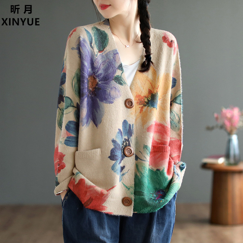 2025 Spring and Autumn New Women's Artistic Style Mink Velvet Sweater V-Neck Loose Casual Cardigan Knitted Coat