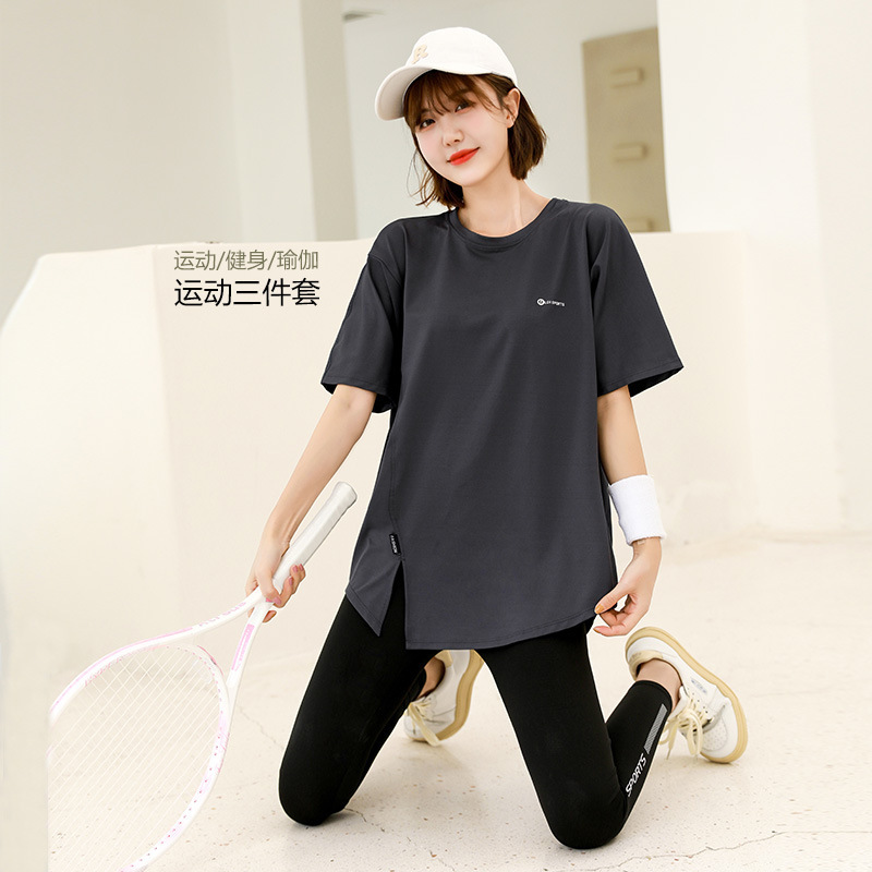 Running suit Women's Summer Outdoor Morning Running Sports Long-sleeved Three-piece Set Loose plus size Yoga Fitness Suit for Beginners