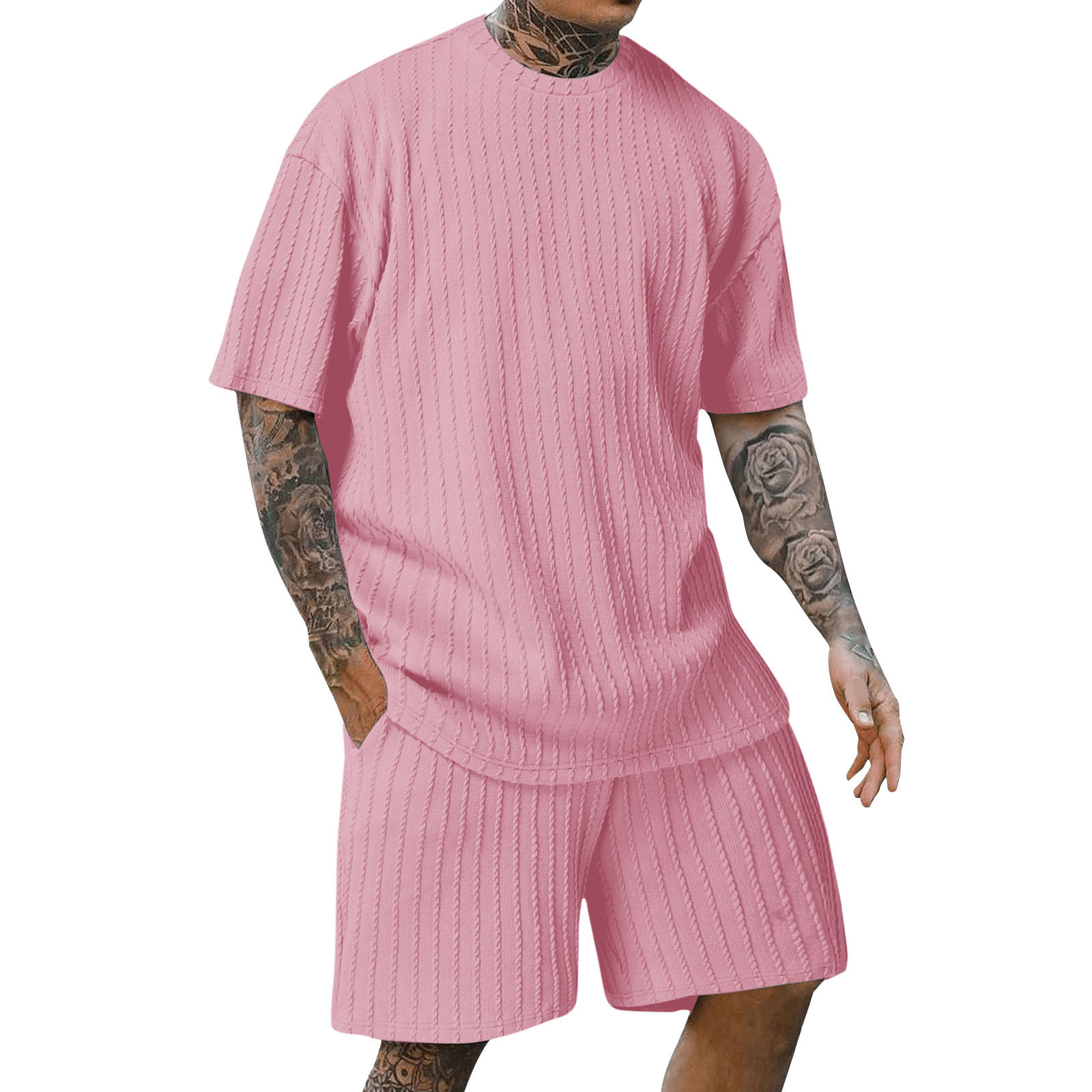 Abbigliamento da uomo, nuovo e più venduto, maglione sportivo da uomo a tinta unita con scollo rotondo e righe verticali, pantaloncini, maniche corte, abito a due pezzi_voghion.com