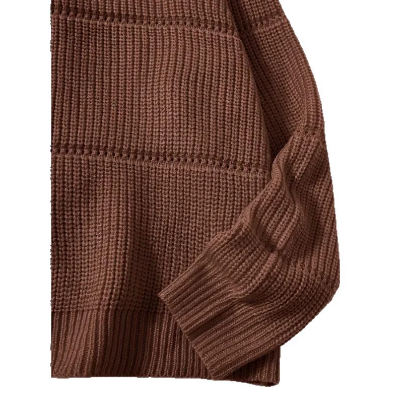 Solid Round-Collar Knit Sweater, Brown, Oversized Style, Sizes 1XL–5XL