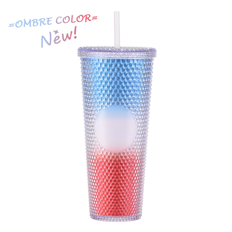 二層プラスチックストローカップ大容量クリエイティブ 710 ミリリットルドリアンカップハンドカップ発光変色レインボーグラデーションカップ|undefined
