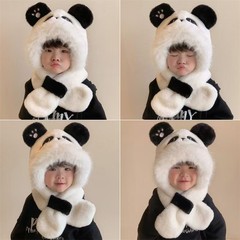 儿童帽子围巾一体可爱卡通毛绒两件套男女秋冬护耳宝宝套头帽批发