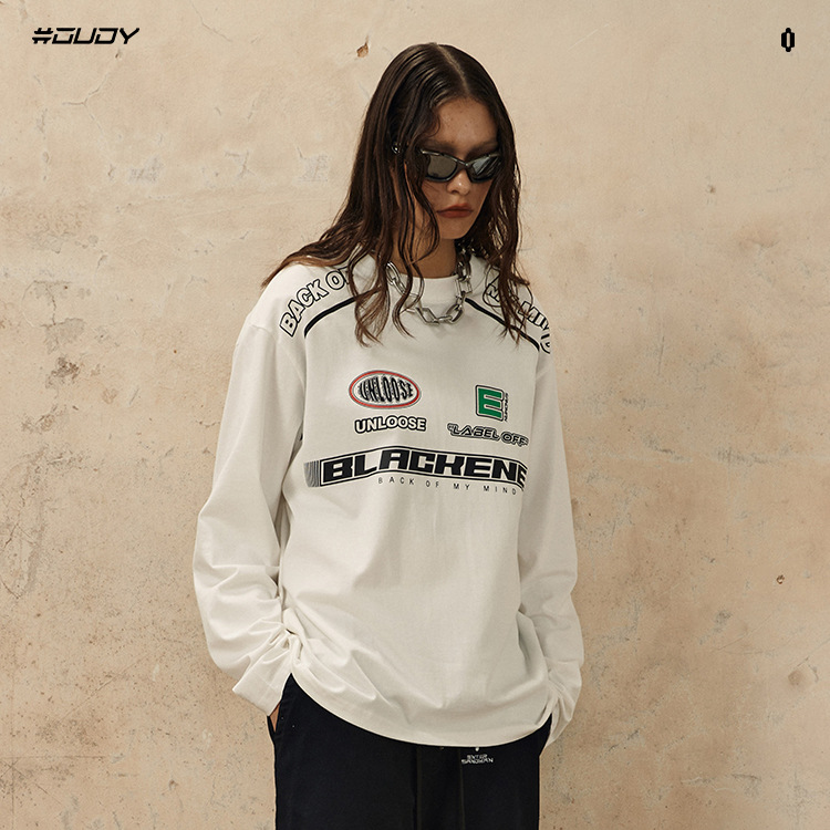 # OVDY Otoño Nueva marca de moda Americana original de los hombres y las mujeres de la misma motocicleta estilo impreso suelta cuello redondo manga larga moda