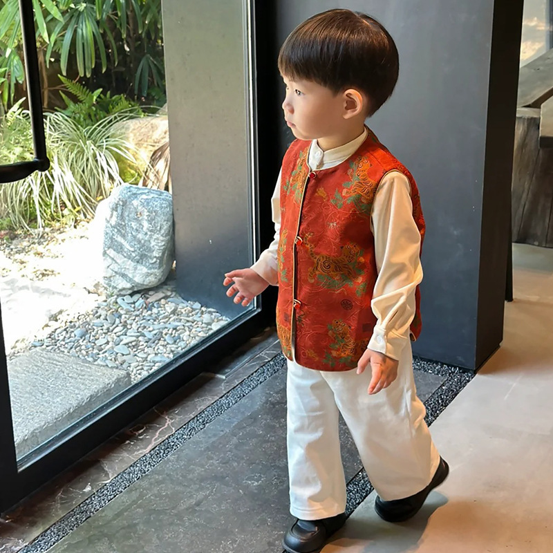 男童新中式古风马甲套装2025春秋中小童长袖衬衫休闲裤子三件套潮|undefined