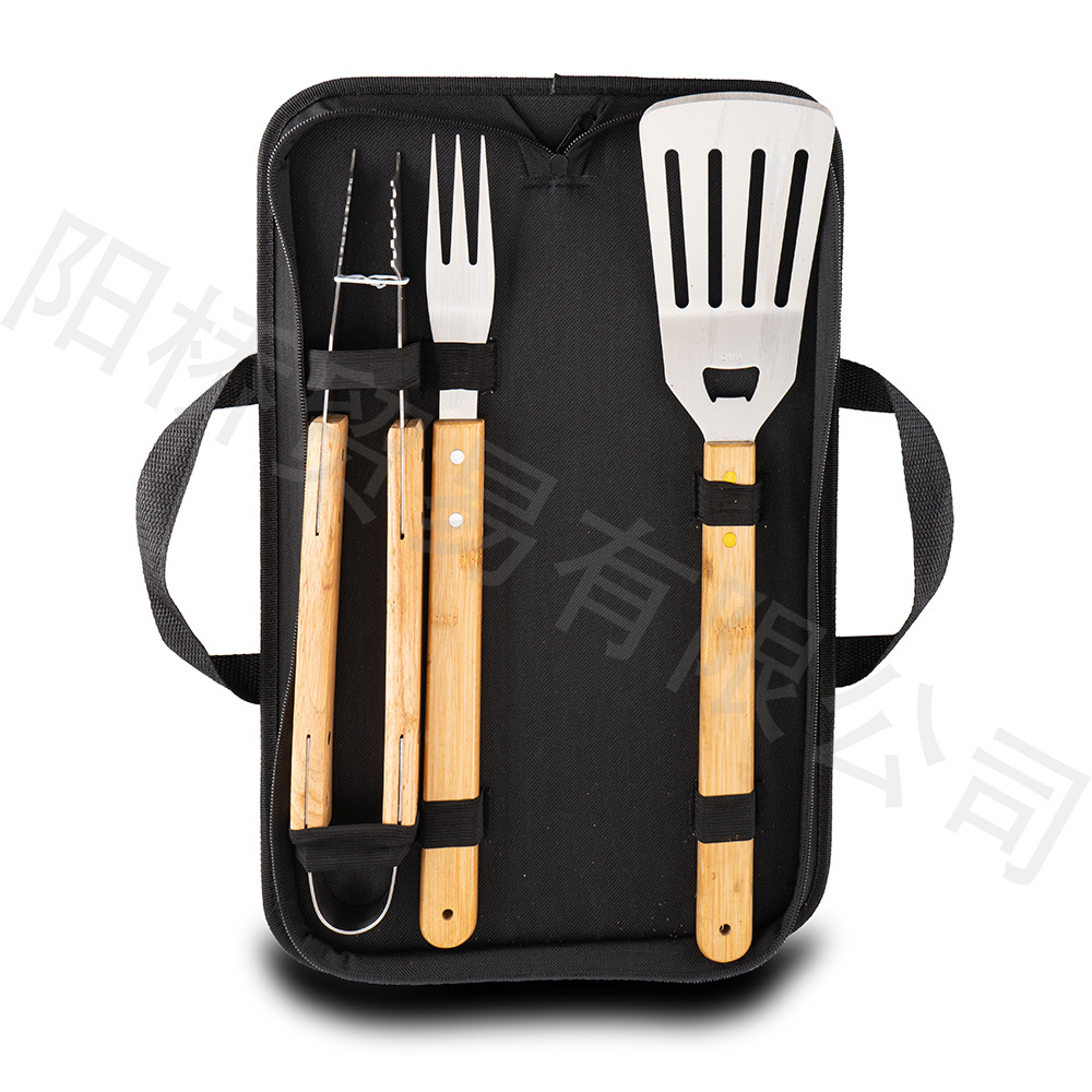 Exportación de la fábrica de acero inoxidable mango de madera herramientas de barbacoa conjunto de tres piezas al aire libre combinación portátil tenedor pala clip barbacoa parrilla