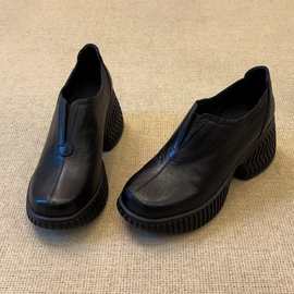 7.5cm简约百搭圆头松紧深口单鞋复古厚底通勤小皮鞋