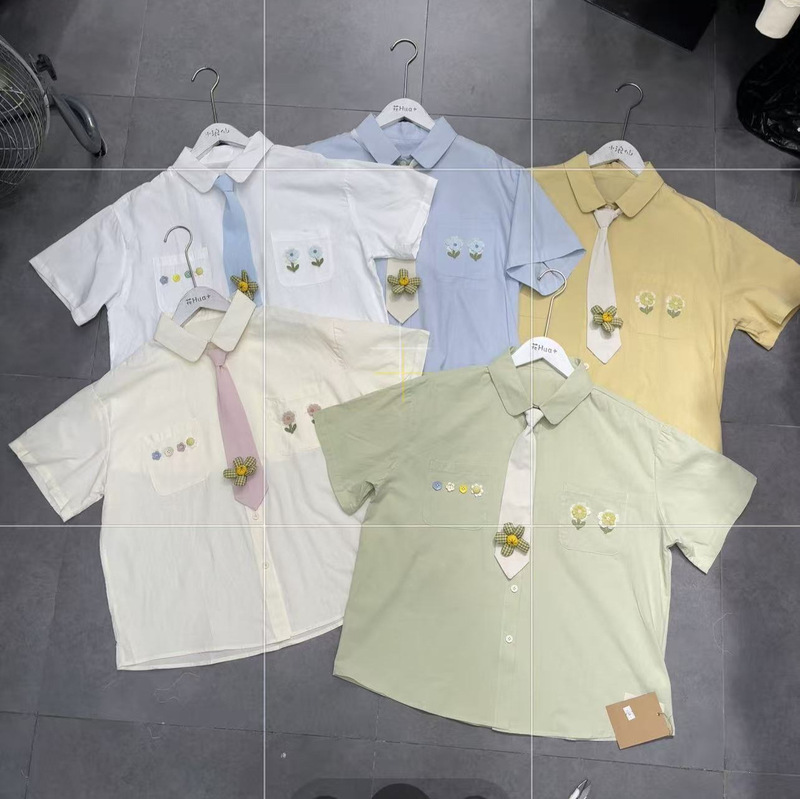 Summer New Style Japanese College Style Tie Short-Sleeved Shirt for Women, Flower Embroidery Loose-Fitting Age-Reducing Cream White Shirt