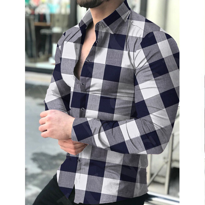 Cross-borDer 2024 Amazon Export Style Lapel 3D PrinteD Casual Slim Long-sleeveD PlaiD Digital Printing Shirt