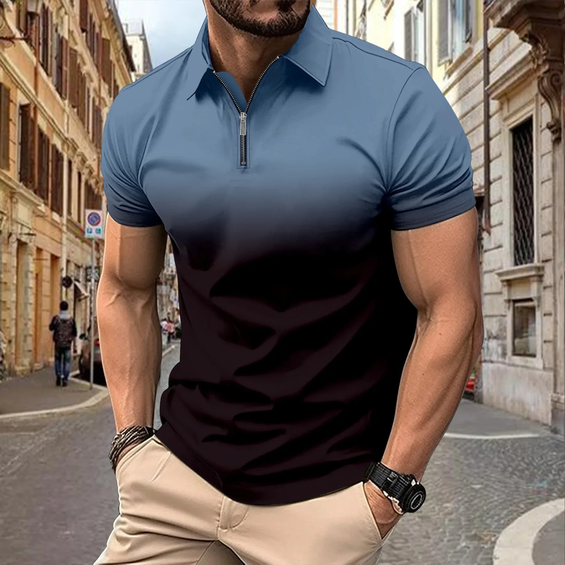 Venta caliente transfronteriza nueva impresión de degradado 3D de verano de gran tamaño casual para hombre suelto código europeo cremallera polo manga corta