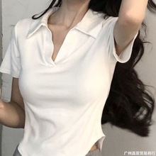 polo衫女辣妹正肩显瘦领短袖恤夏季设计感小众弧形摆短款上衣批发