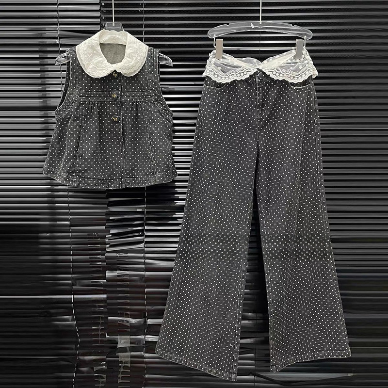 2026 Summer New Polka Dot Denim Suit for Women, Niche Lace Doll Collar Vest Top + Jeans 2026 Summer New Polka Dot Denim Suit for Women, Niche Lace Doll Collar Vest Top + Jeans