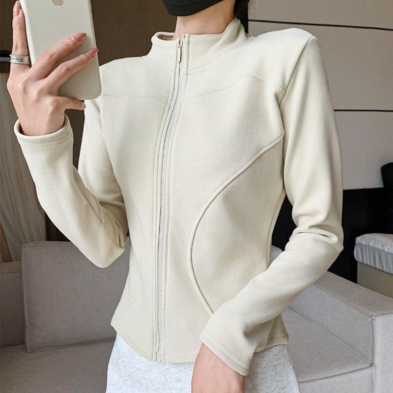 2025 Autumn/Winter Fleece-Lined Thickened Slim Fit Yoga Stand Collar Jacket Women's Sporty Casual Skin-Friendly Nude Sweatshirt
