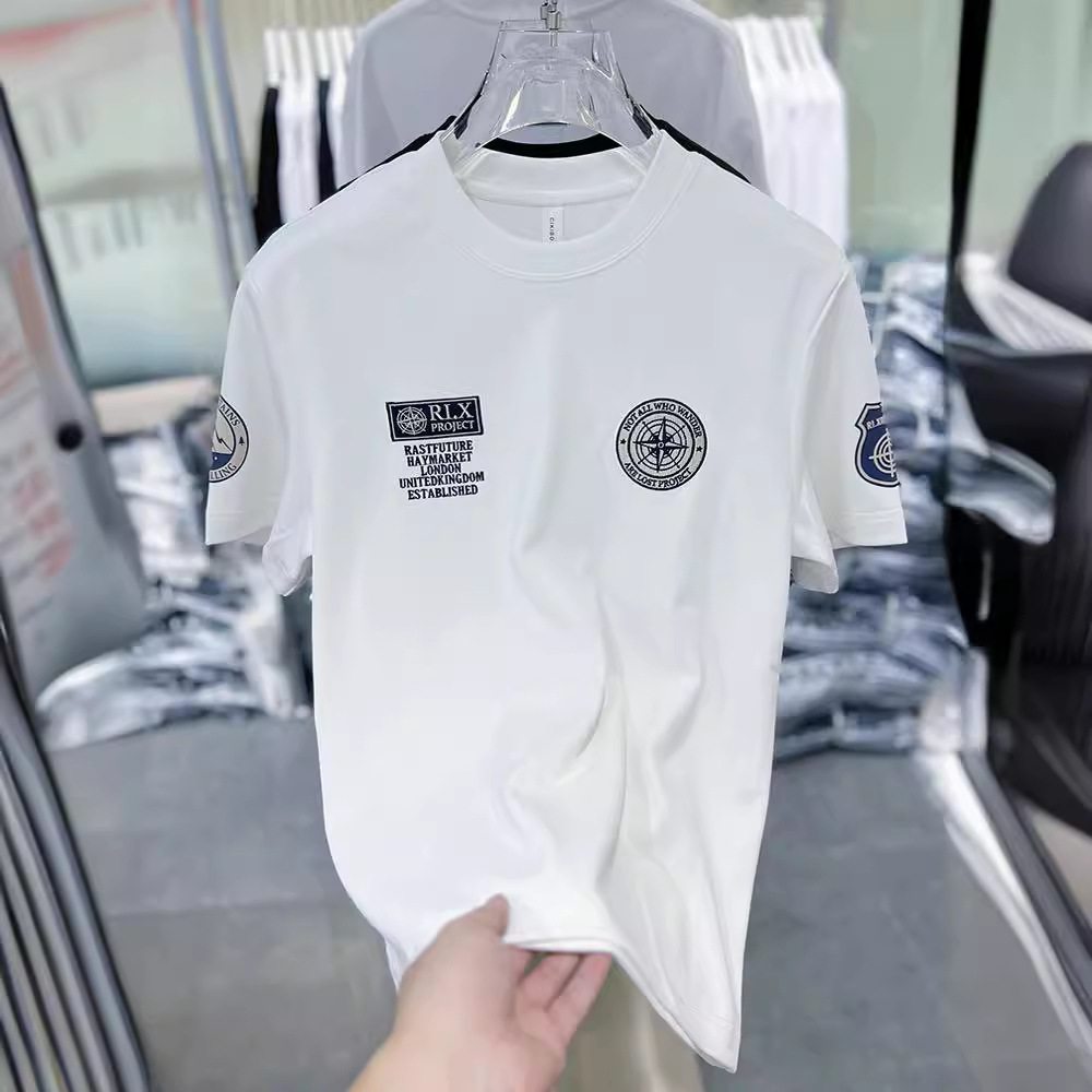 T-shirt à manches courtes en cuivre ammoniac avec broderie patch lettre col rond ample chemise de base épaisse d'hiver américaine_voghion.com