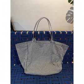 2025新款格子包黑白格黄白格大容量购物袋慵懒单肩大托特包