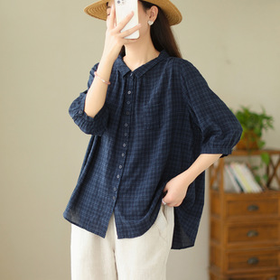 Actual Shot of 2025 Summer New Large Size Pure Color Four-Eye Button Retro Literary Loose Slim Shirt Top for Women