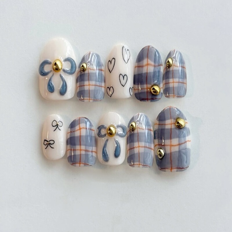 Sp-305 Blue and Purple Checkered 10-Piece Phototherapy Handmade Wearable Nails, Checkerboard Style, Artistic and Cute Nail Art Tips Wholesale