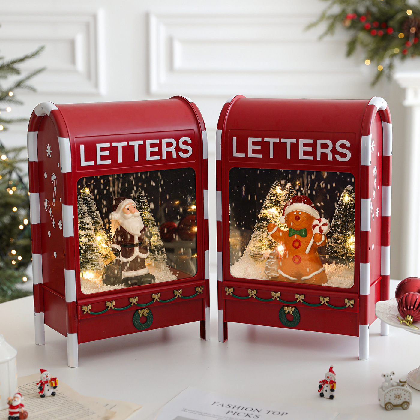 Caja de correo de Navidad transfronteriza de dibujos animados estadounidenses decoración de plástico Santa Claus decoración de música eléctrica nieve caja de correo de nieve