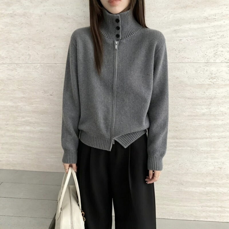 Cross-border high-neck zip-up sweater for women, new autumn/winter collection, featuring a unique design, solid color, casual style, and versatile knit cardigan