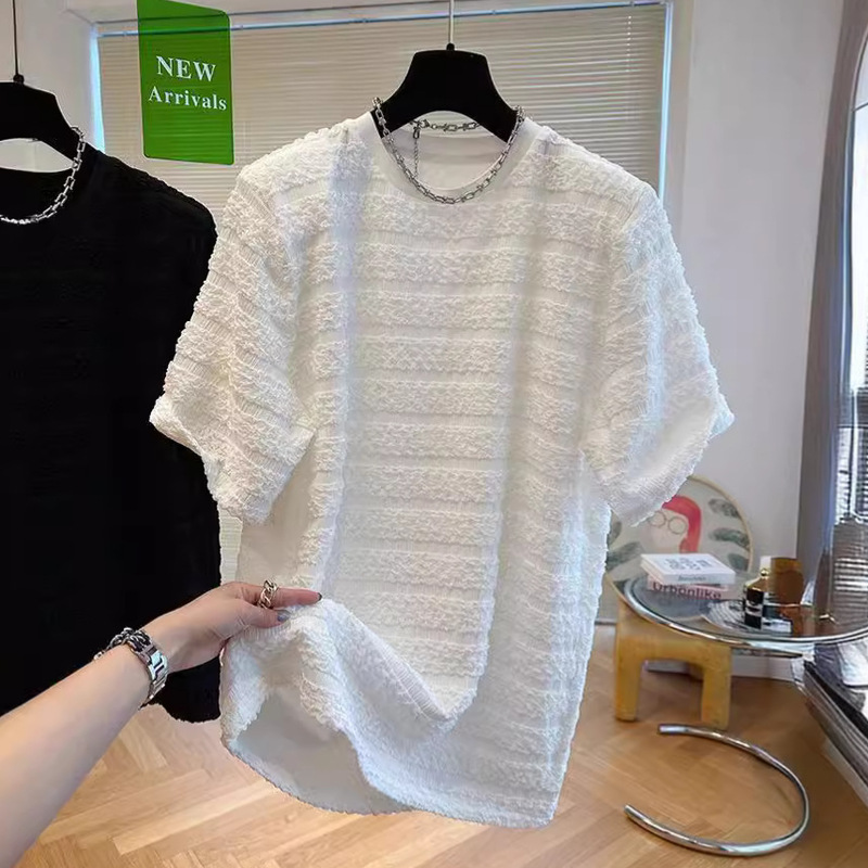 Niche Lace Shoulder Pad Loose Casual Mid-length Top Pleated Short-sleeved T-shirt Women's Three-dimensional Lace Designer