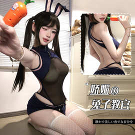 兔子警官开裆连体衣情趣网纱性感露胸纯欲兔女郎制服免脱套装2990