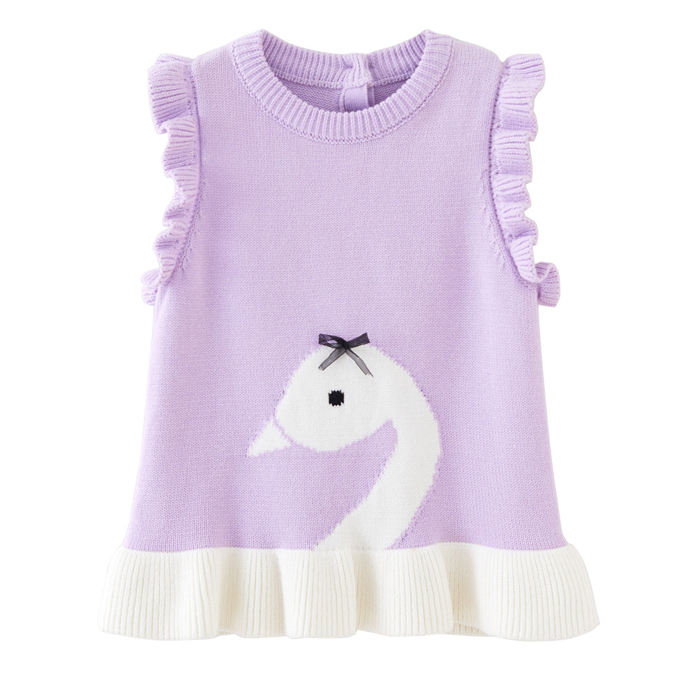 Cuello redondo Chaleco de punto de algodón puro Cisne jacquard suéter de las niñas chaleco falda de lana del todo fósforo superior al por mayor