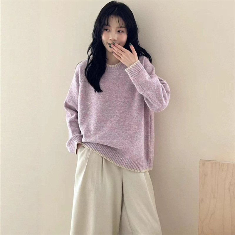 韩系简约拼色圆领毛衣女装秋冬新款慵懒风宽松休闲软糯针织衫外穿|undefined