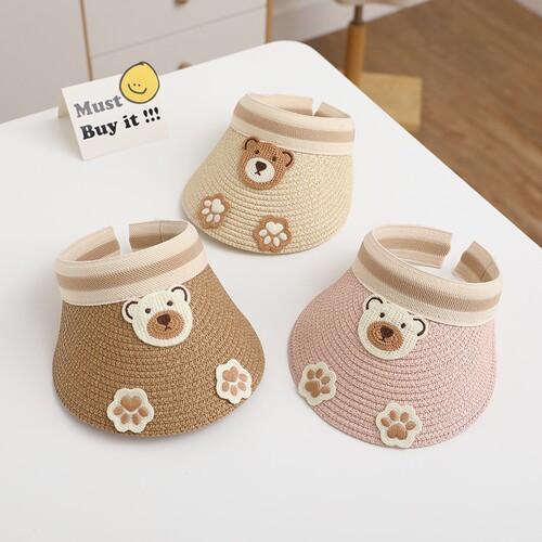 Children's Sun Hat Cartoon Bear Visor UV-Protective Straw Hat Boys' Outdoor Girls' Headband Sun Hat