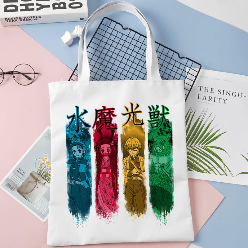Comercio exterior transfronterizo Demon Slayer impresa bolsa de lona Harjuku bolsa de hombro bolsa de compras portátil de moda para estudiantes