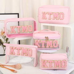 Portable cosmetic bag large capacity travel waterproof pu toiletry bag patch embroidered letters cosmetics storage bag
