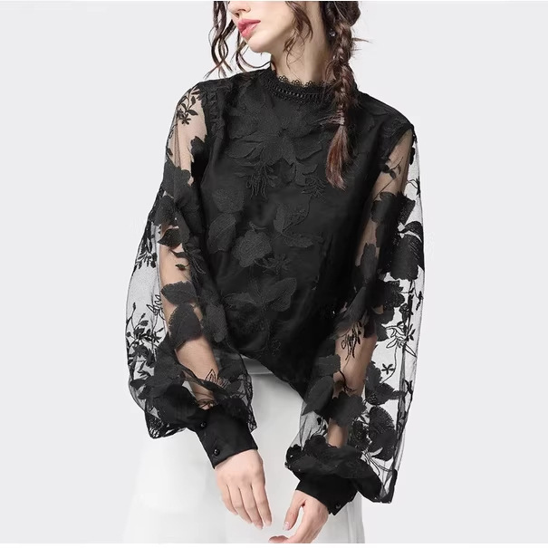 2022 new European and American foreign trade Women's Amazon lace bubble sleeve transparent round neck solid color top shirt