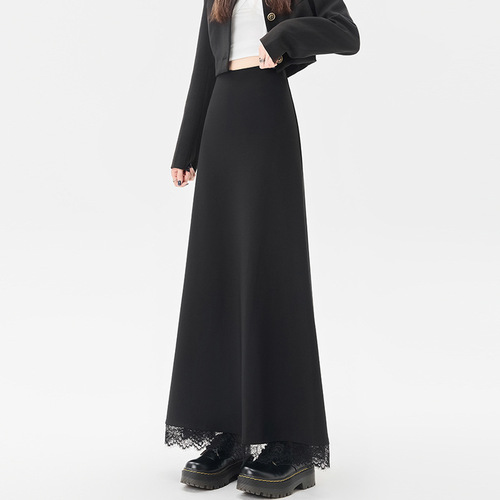 Superior lace stitching black suit skirt for women in autumn, high waist and slimming medium and long a-line skirt umbrella skirt