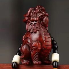 Small Zitan Wood Carved Qilin and Pixiu Handle Pendant Craftsmanship Craftsmanship Hanging Ornament Portable Handle Decor
