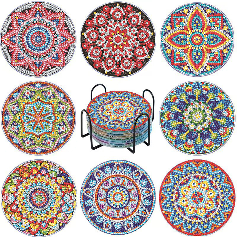 Posavasos de pintura de diamantes de diamantes de diamantes completos transfronterizos hechos a mano almohadilla de aislamiento térmico de diamantes de punto de acrílico redondo de bricolaje fondo de corcho antideslizante posavasos