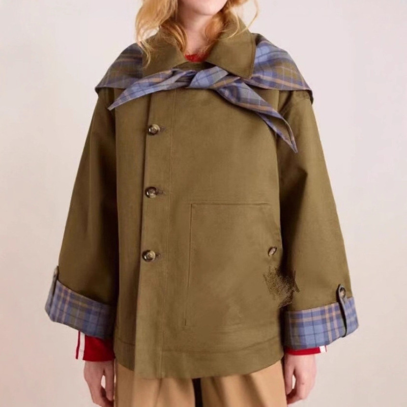 New Foreign Trade Women's Retro Casual Patchwork Plaid Reversible Embroidered Navy Collar Jacket Coat Trendy