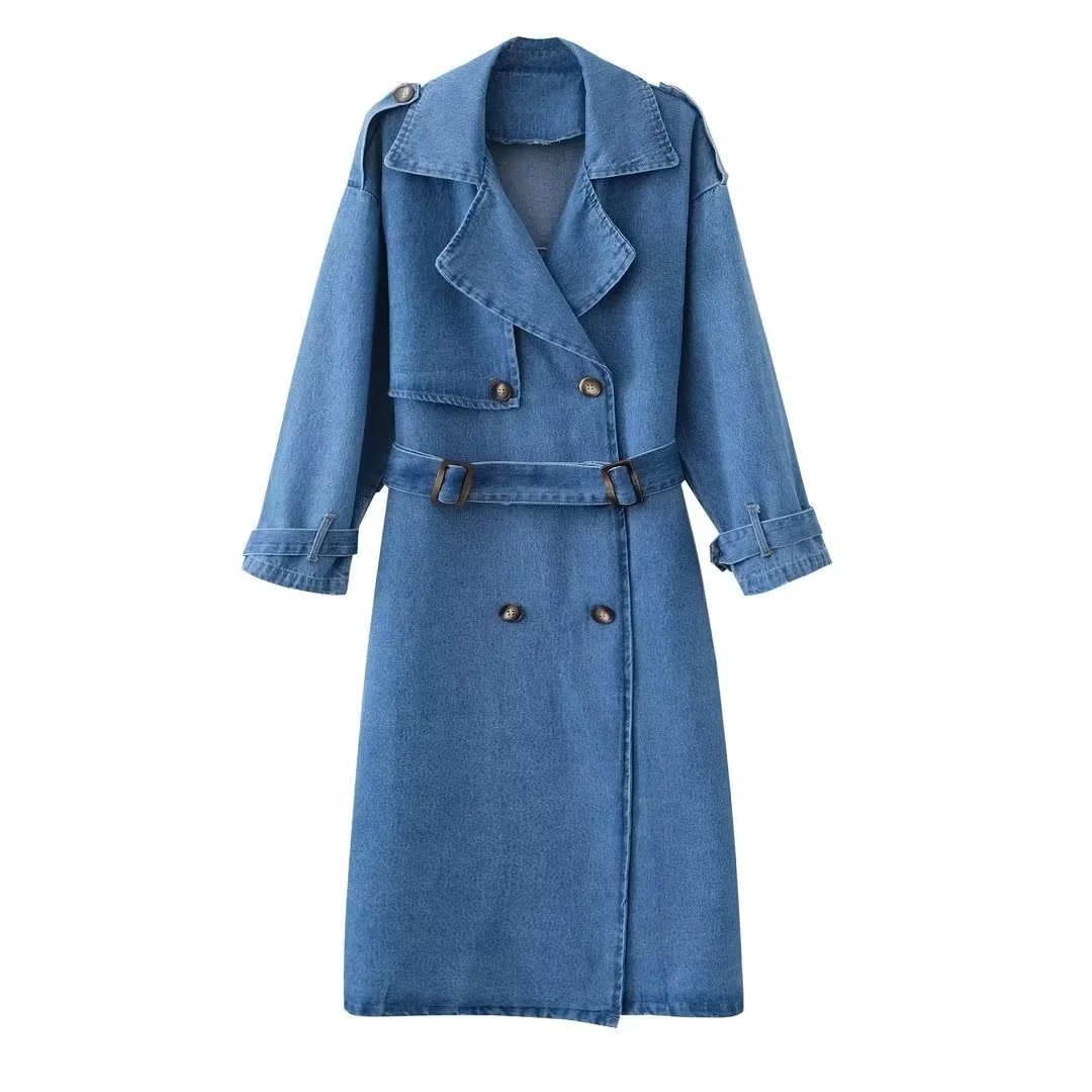 Damenbekleidung Herbst New Style Temperament Freizeit Blue Denim Slim Fitting Krawatte Taille Lange Windjacke_voghion.com