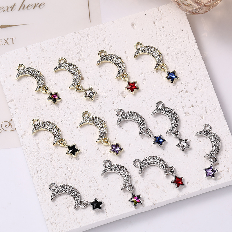 Fashionable Commuter Versatile Alloy Pendant Double Moon with Colorful Five-Pointed Star Sparkling Full Diamond DIY Jewelry Accessory Fashionable Commuter Versatile Alloy Pendant Double Moon with Colorful Five-Pointed Star Sparkling Full Diamond DIY Jewelry Accessory