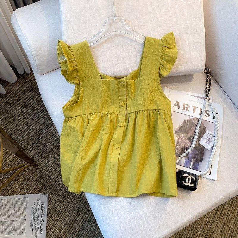 Fresh and Stylish Flutter-Sleeve Square-Neck Blouse for Women, Summer Sweet and Elegant Chiffon Sleeveless Top, Trendy Little Shirt